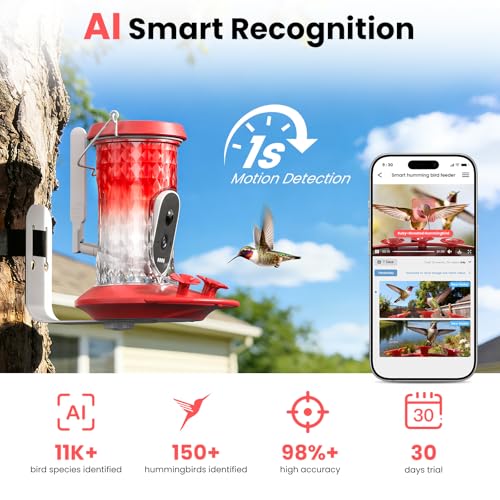 Smart Hummingbird Feeder Camera | AI Identification, 2.5K UHD, Night Vision, Attract Hummingbirds, Solar Powered Outdoor, IP66 Weatherproof, Garden Decor, Gift