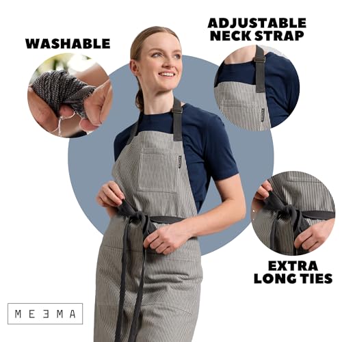 Chef Aprons for Women with Pockets, Adjustable Bib Aprons for Cooking - color: Charcoal Pinstriped