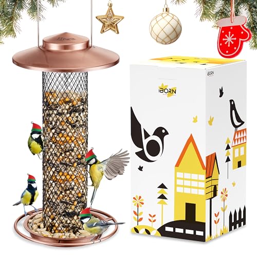iBorn Peanut Bird Feeder,Sunflower Seed Feeder,13.5 Inch Metal Mesh Tube Bird Feeders for Outdoors Hanging,Squirrel-Proof Birdfeeders for Peanut with 17cm Weatherproof Roof & Tray,2 LB Capacity,Copper - color: Copper,13.5" Peanut Bird Feeder