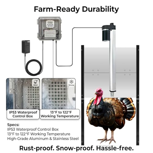 JVR Automatic Turkey Coop Door with Timer, Extra Large 22" x 23" Heavy Duty Aluminum Security Door, Smart Anti-Pinch Sensor & Industrial Strength Actuator Motor for Geese & Ducks - size: Large