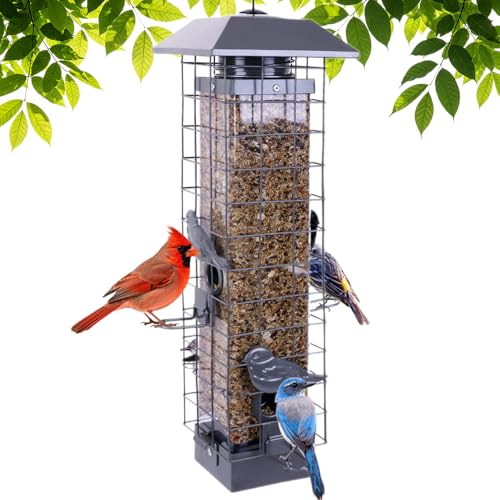 Squirrel Proof Bird Feeders for Outdoors, Metal Wild Bird Feeder for Outside Hanging, 4 Ports Perches, 3LB Large Capacity(Gray) - color: Gray