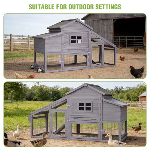 GUTINNEEN Large Chicken Coop on Wheels, Expandable Outdoor Mobile Chicken House, Hen House Poultry Cage with Nesting Box, Leakproof Pull-Out Tray & UV-Resistant Roof – Grey - color: (Grey)
