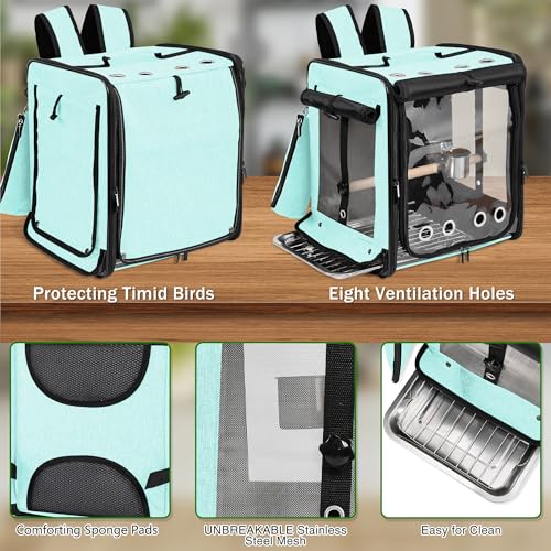 Bird Carrier with Seat Belt for Car Travel, Bird Backpack Carrier with Indestructible Stainless Steel Mesh, Large Bird Carrier Travel Cage, Green - color: Green, size: 13.5"L x 10.0"W x 15.5"H