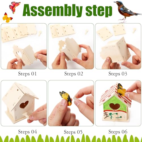 Outus 24 Pcs Wooden DIY Birdhouse Kits for Kids to Build, 4 Shapes Birdhouse Kit Wooden Unfinished with Butterfly Sticker for Boy Girl Arts Crafts(Lovely) - style: Lovely