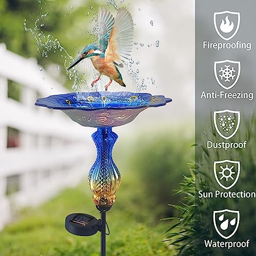 John's Studio Peacock Bird Bath for Outdoor - Glass Bowl Solar Light Bird Baths Cage Outside Dish Bird Feeder with Metal Stake for Garden, Yard and Patio - Blue 32 inches - color: Peacock Stake-Blue