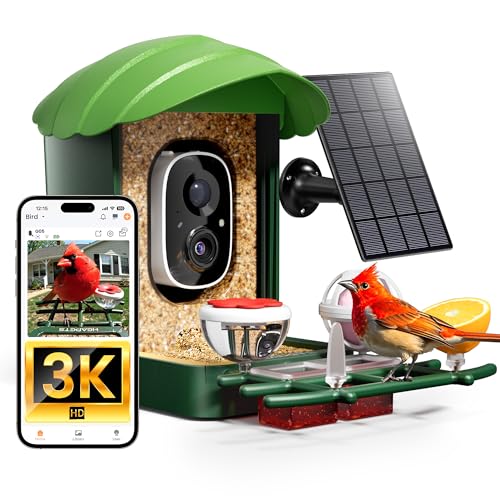 Smart Bird Feeder with Camera, 3K HD Live Stream, AI Species Identification, Solar Powered, Instant Motion Alerts, IP65 Weatherproof Outdoor Gifts for Bird Lovers, Green - color: Green-3K
