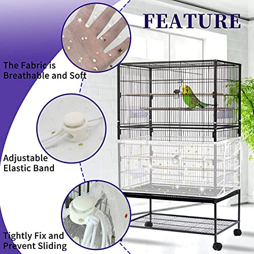 Daoeny Large Bird Cage Cover, Bird Cage Seed Catcher, Adjustable Soft Nylon Mesh Net with Twinkle Moon Star, Birdcage Cover Skirt Seed Guard for Parrot Parakeet Macaw Round Square Cages (White) - color: White, Sequins Star