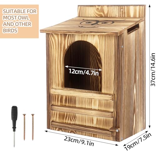 Owl House for Outdoors - 9.1x7.5x14.6 Inch Wooden Owl Nesting Box, Bird Houses for Outside with Secure Entrance & Ventilation, Easy to Install on Trees