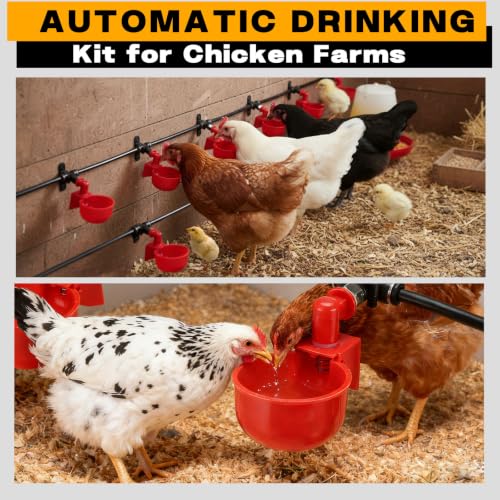 Complete Automatic Chicken Watering System with Quick-Connect Large Cups, 32.8ft Pipeline & Float Valve – 10 Red Cups, Removable & Washable
