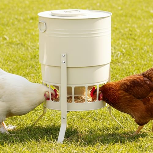 KOL Chicken Feeder No Waste for Coop & Outdoors, 16 Port 50lbs Poultry Feeder with Spill-Control Design, Rust-Proof Powder Coated Metal & Smooth Safe Edges (Jade White) - color: Jade White