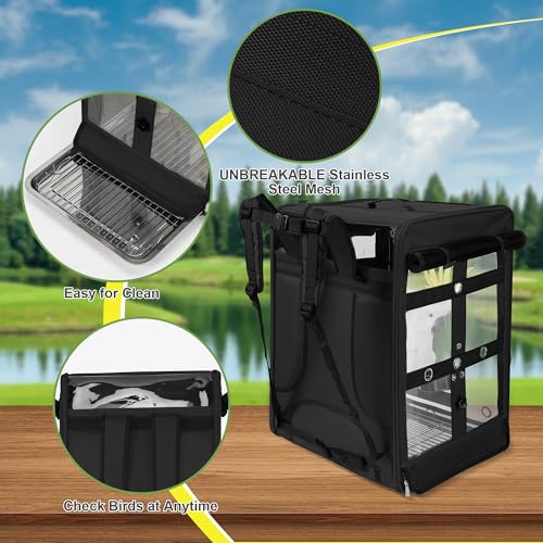 Bird Carrier Travel Cage, Cockatoo Carrier, Parrot Travel Backpack with Unbreakable Stainless Steel Mesh, Perch, Water Bottle and Food Bowl, X-Large Black - color: Black, size: 17.5"L x 14.8"W x 23.6"H