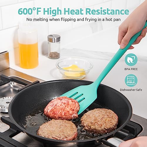 U-Taste 600ºF Heat Resistant Solid and Slotted Turner for Egg, Pancake and 13 inch Large Non-Stick Silicone Soup Ladle (Set of 3, Aqua Sky)