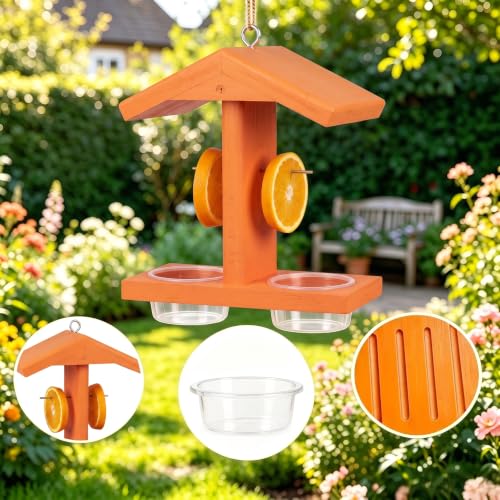 Oriole Feeder, Oriole Feeders for Outdoors, Wooden Feeder for Oriole Birds with Double Cup for Jelly or Jam,Fruit,Nectar or Seed, Orange