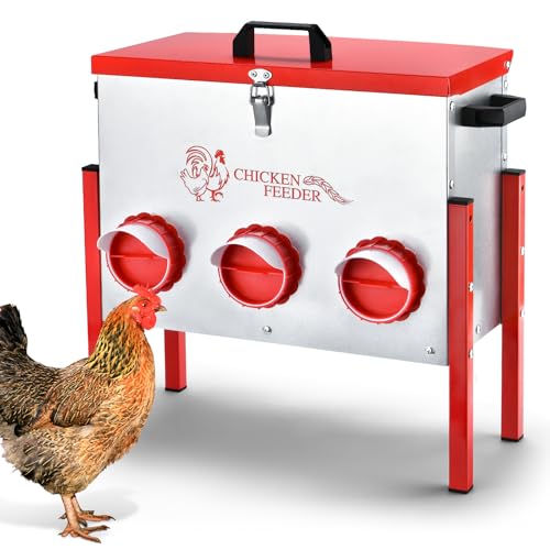 Chicken Feeder, 6 Feeding Ports, 35lbs Capacity Metal Feed Box with Handle and Feeding Lid, Automatic Chicken Feeders No Waste