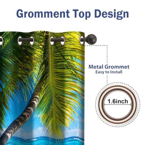 Ocean Palm Tree Blackout Curtains 2 Panel Set, 42"x84" | Tropical Beach Curtains Clear Sea Island View Seaside Scenery Decor for Bedroom Living Room Grommet Window Drapes Blue - color: Ocean, size: 42"W x 84"L (Pack of 2)
