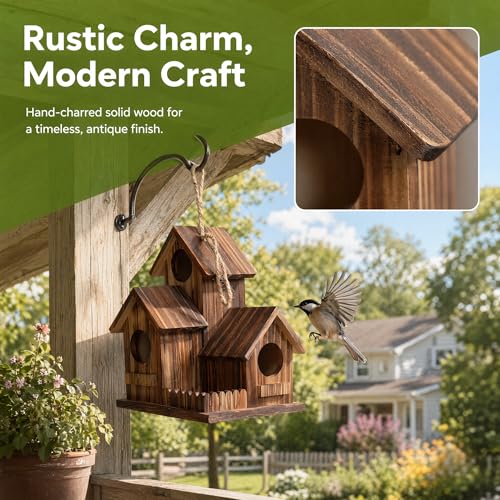 Wooden Bird House for Outside, 3-Chamber Rustic Birdhouse, Hand-Charred Solid Wood Weather Resistant Hanging Nest Box for Bluebird Finch Sparrow, Outdoor Garden Decor (Classic)
