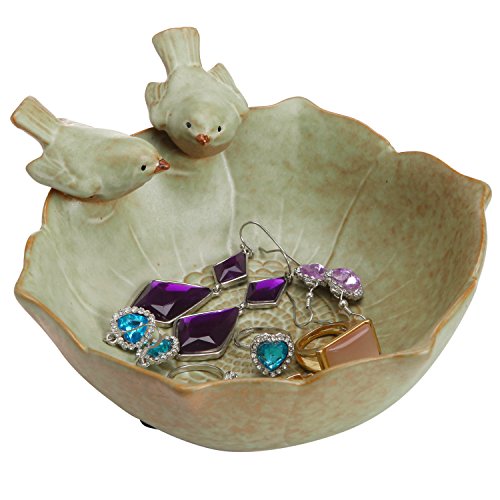 MyGift Green Ceramic 2 Bird Decorative Serving Bowl, Jewelry & Candy Tray | Charming green ceramic bowl features two decorative birds, perfect for serving treats or organizing jewelry and candy - color: Green