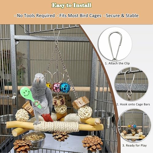 3 in 1 Bird Swing and Climbing Rope Set Triangle Wooden Perch with Bells and Natural Chew Toys Flexible Cotton Rope Ladder and Maraca Toy for Cockatiels Conures and Budgies