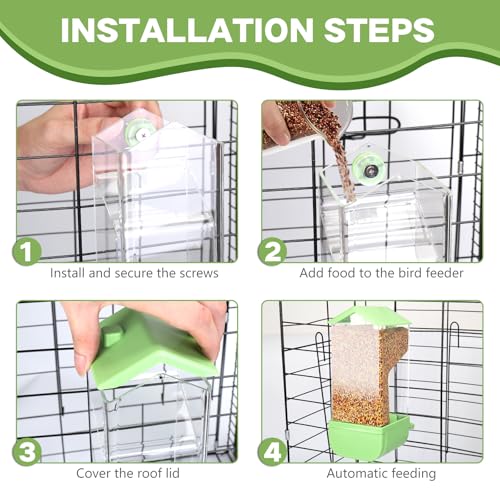 Yummy Sam Automatic Bird Feeder with Perch for Cage, No Mess Acrylic Transparent Bird Cage Feeder, Parrot Seed Feeders Food Container Cage Accessories for Small Medium Birds Parrot Cockatoo Canary - color: Green Clear