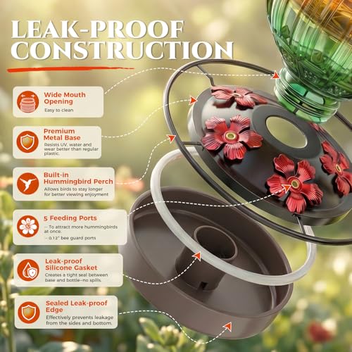 Glass Hummingbird Feeder for Outdoors Hanging, 26 fl oz Bird Nectar Feeder | 5 Metal Flower Feeding Ports, 360° Perch Ring, Easy Refill Clean, Leakproof, Ideal for Backyard, Garden Decor, Orange & Green - color: Orange-Green Gradient
