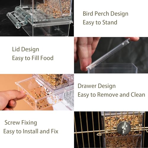 No Mess Bird Feeder for Cage Automatic No-Spill Transparent | Acrylic Transparent Parakeet Cage Accessories Bird Feeder and Waterer in Cage for Small and Medium Cockatiel Finche Lovebird - color: Transparency + Transparency