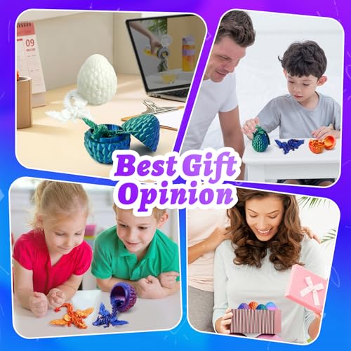 4 Pack 3D Printed Dragon Egg - Small Scale Egg with Winged Dragon Inside, Surprise 3D Printed Gift Toy, Desk Executive Pet, Figurine Decor, Christams Easter Stuffers - color: Purple+green Blue+red Gold+glow Rainbow