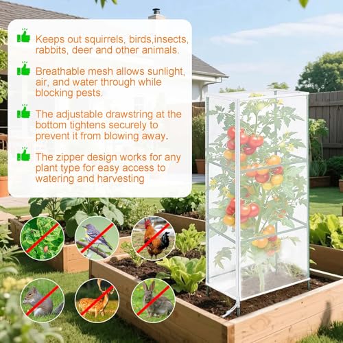3Pack Garden Netting Cover for Square Tomato Cage, 60"x18.5"Bird Netting Barrier with Zipper Drawstring Tomato Trellis Net Mesh Climbing Plant Cover for Protecting Vegetable Fruits from Animals Insect