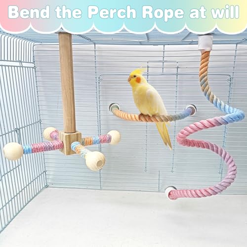 BNOSDM Bird Rope Perch with Stand Perch Toy Set Bendable Rope Perches Wooden Spinning Exercise Wheel Toy Parrot Cage Accessories for Parakeets, Conures, Lovebirds, Budgies, Cockatiels (Rainbow Color)