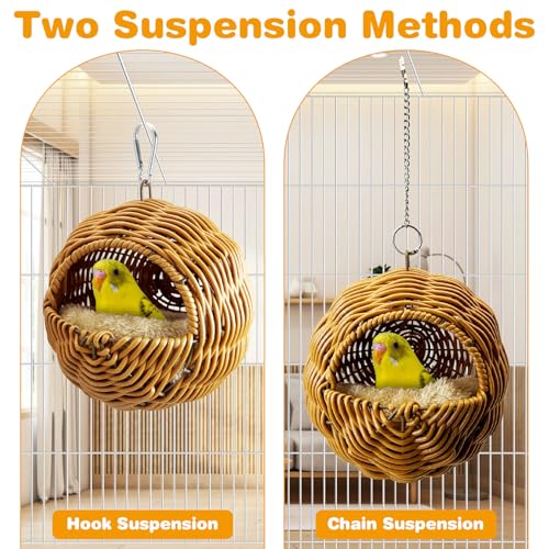 Rattan Birds Nest for Cage Hanging Parakeet House Chewproof Parrot Breeding Bed Small Budgies Hideout Swing Hut Bird Cage Accessories for Lovebirds Cockatiel Conure Finch Canary (Brown)
