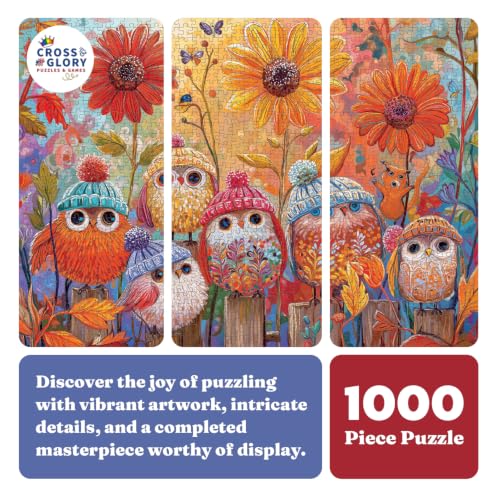 Cross & Glory | Jigsaw Puzzles for Adults | A Cozy Little Parliament | Cute Autumn Birds in Knitted Hats | Whimsical Fall Forest Puzzle | 2mm Thick Pieces | Satin Finish | Ages 14+ - color: Cozy Little Parliament