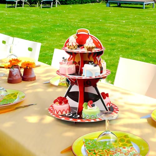 3 Tier BBQ Party Decorations Baby Q Baby Shower Cake Stand Barbecue Theme Summer Cupcake Tower BQQ Table Decor Red and Black Gingham Cake Holder for Summer Picnic Camping Party Decor Supplies - style: Bbq