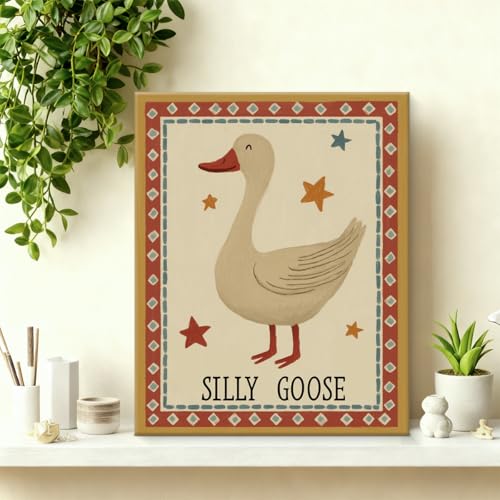 YJIKRTVT Whimsical Silly Goose Canvas Wall Art, Funny Vintage Farmhouse Animal Painting, Rustic Nursery Bedroom Living Room Decoration, 8x10 Inch - color: Goose