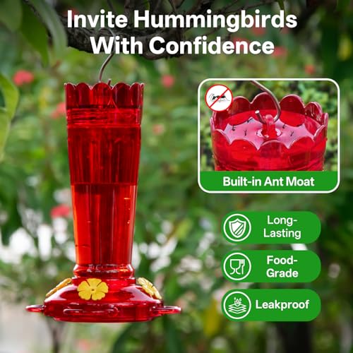 Plastic Hummingbird Feeder 14 Oz Humming Bird Feeder for Outdoors | Ant&Bee Proof Leak-proof Nectar Feeders with 4 Flower-shaped Feeding Ports and Perches, Gifts for Mom, Dad, Grandparents-Red - color: Red, size: 1 Pack