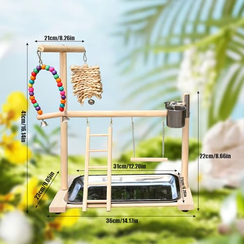 Bird Stand, Natural Wood, Parrot Playground with Removable Tray & 2 Stainless Steel Feeder Cups, Suitable for Parakeet, Conure, Cockatiel, Lovebird, Canary, Lorikeet & African Grey - color: A