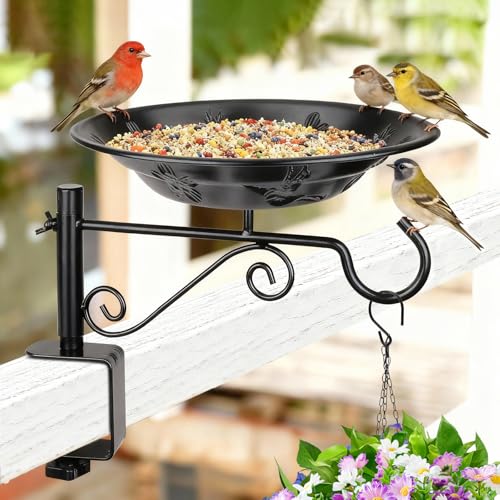 Balcony Bird Feeder, Bird Bath with Plant Hook for Outdoors, Black | Deck Mounted, Heavy Duty, Garden Hanger for Hanging Planters, Lanterns, Wind Chimes, Easy to Install, Gifts for Women Men - style: 1 Tray with Hook