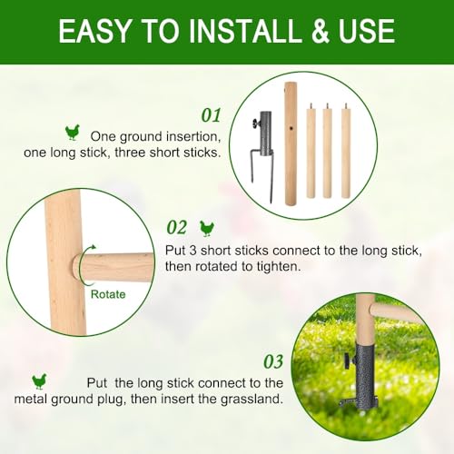 Kalekey Chicken Perch Toy for Coop, Chicken Perch Stand Wooden with Metal Ground Plug, Roosting Bar for Chicken Coop Toys, Suitable for Poultry Rooster Chicks Bird Parrot