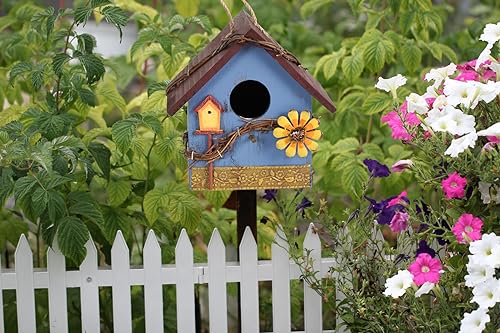 Blue Wooden Hanging Bird House Feeder for Outside Garden Wild Birds | Decorative blue wooden hanging birdhouse feeder nest box for outdoor garden, hummingbird cardinal bluebird bird lovers gift