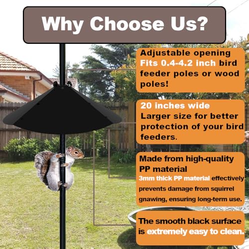 20 Inch Squirrel Baffle for Bird Feeder Pole, Adjustable Opening Size, for Up to 4x4 Inch Wide Wooden Post, Outside Pole Mount Bird House Guard for Outdoor Shepherd’s Hook.