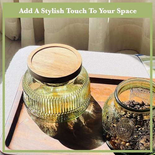 Decorative Green Ribbed Glass Jar with Airtight Wooden Lid, 25.4 fl. oz | Wide mouth vintage storage canister, kitchen pantry bathroom organization, coffee sugar tea cookie candy candle vase gift - size: 25.4 Ounces, style: Green Ribbed