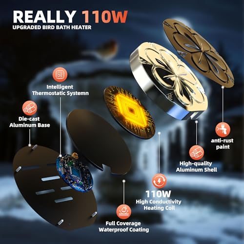 Bird Bath Heater for Outdoors in Winter, 110W Birdbath Water Heater Full-Covered Aluminum, Bird Bath Deicer Pond Deicer with Thermostatically Control, Chicken Water Heater, 4.92 Ft Power Cord (Black) - color: Black