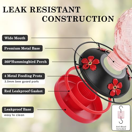 25 OZ Glass Hummingbird Feeder for Outdoors, Leak Proof Hummingbird Feeder with Ant Moat, 4 Bee Resistant Feeding Ports, Easy Clean Wide Mouth Design, Hanging Nectar Feeder, Pink - color: Pink - 25oz