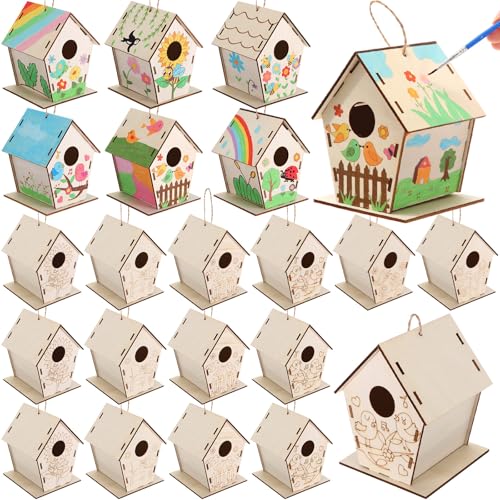 DoubleFill 24 Pack Wooden Bird House Bulk for Kids Birdhouse Kit Wood Houses for DIY Unfinished Hanging Birdhouse Kits, Wooden Craft Houses to Paint Family Camping Summer Crafts