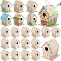 DoubleFill 24 Pack Wooden Bird House Bulk for Kids Birdhouse Kit Wood Houses for DIY Unfinished Hanging Birdhouse Kits, Wooden Craft Houses to Paint Family Camping Summer Crafts