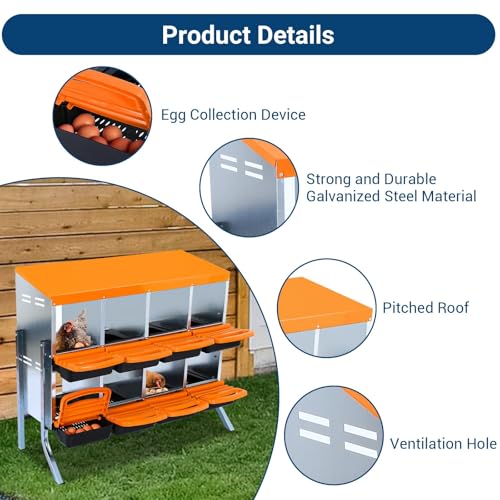 Chicken Nesting Box，Orange 8 Hole Chicken Laying Box with Bracket, Tray for Egg Collection, Large Holes for Ventilation, Suitable for Chickens & Ducks - color: Orange, size: 8 Holes with legs