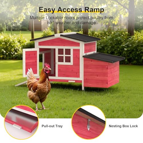 GOJOOASIS Chicken Coop for 2 Chickens Raised House with Ramp & Nesting Box | Outdoor Wooden Hen House for Small Animals, Backyard Chicken Hutch Poultry Cage, Waterproof Roof, Easy-Clean Tray, Red - color: Red