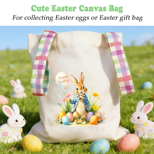 Easter Basket Bunny Canvas Tote Bag, 12.2x11 Inches, Natural Canvas, Hand-Carry, for Gift and Easter Egg Collection - color: B-blue