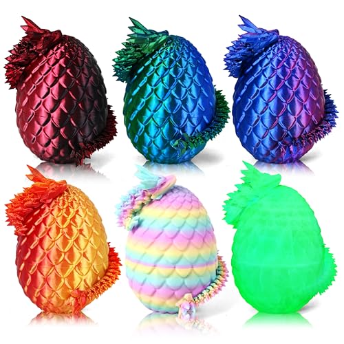 Impossmaker 8" 3D Printed Easter Dragon Eggs with 3D Printed Dragon Inside, Easter Basket Stuffers Mini Dragon Egg Set Articulated Crystal Dragon Fidget Toy for Adults Teens - style: 6P-S1