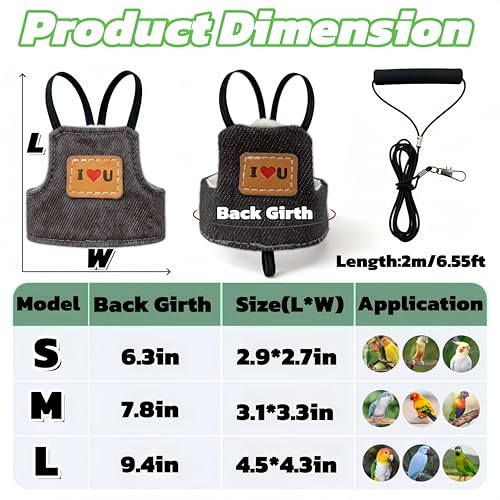 Bird Flight Harness Vest, Parrot Flight Suit with Leash Adjustable Bird Flying Clothes Outdoor Training Traction Rope for Parakeets Cockatiels Conures Budgies Cockatiel-Black,L - color: Black