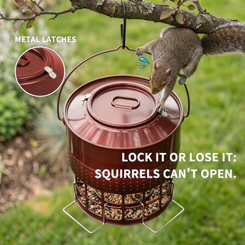 Solution4Patio 8-10LB Bird Feeder, Metal Wild Birdfeeder with 32 Access Holes & 2 Perches, Locking Top Helps Reduce Squirrel Stealing, Rust-Proof Hanging Design for Cardinals & Finches - color: Glazed Red