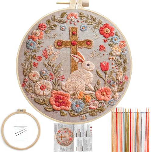 FONNUY Easter Rabbit Floral Cross Embroidery Kit, Easter Egg Happy Rabbits Bunny Stamped Pattern Kits for Audlt Beginners, Hand Works Crafts, 8 x 8'' (Happy Bunny 02) - color: Happy Bunny 02